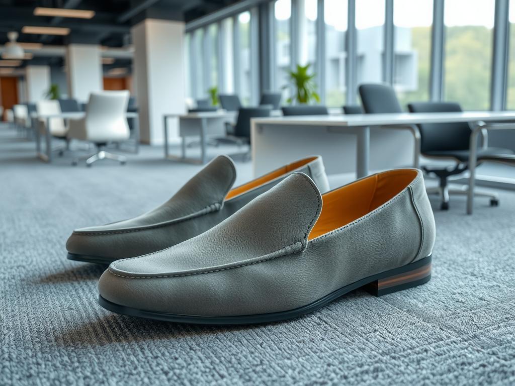 Sleek gray suede shoes that combine comfort with a modern office aesthetic.