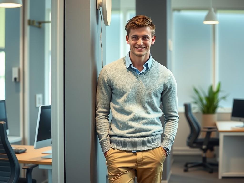 Smart casual outfit for a relaxed job interview environment.