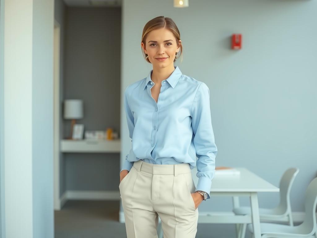 Stylish work attire with trousers and a blouse, suitable for a week of professional outfits.