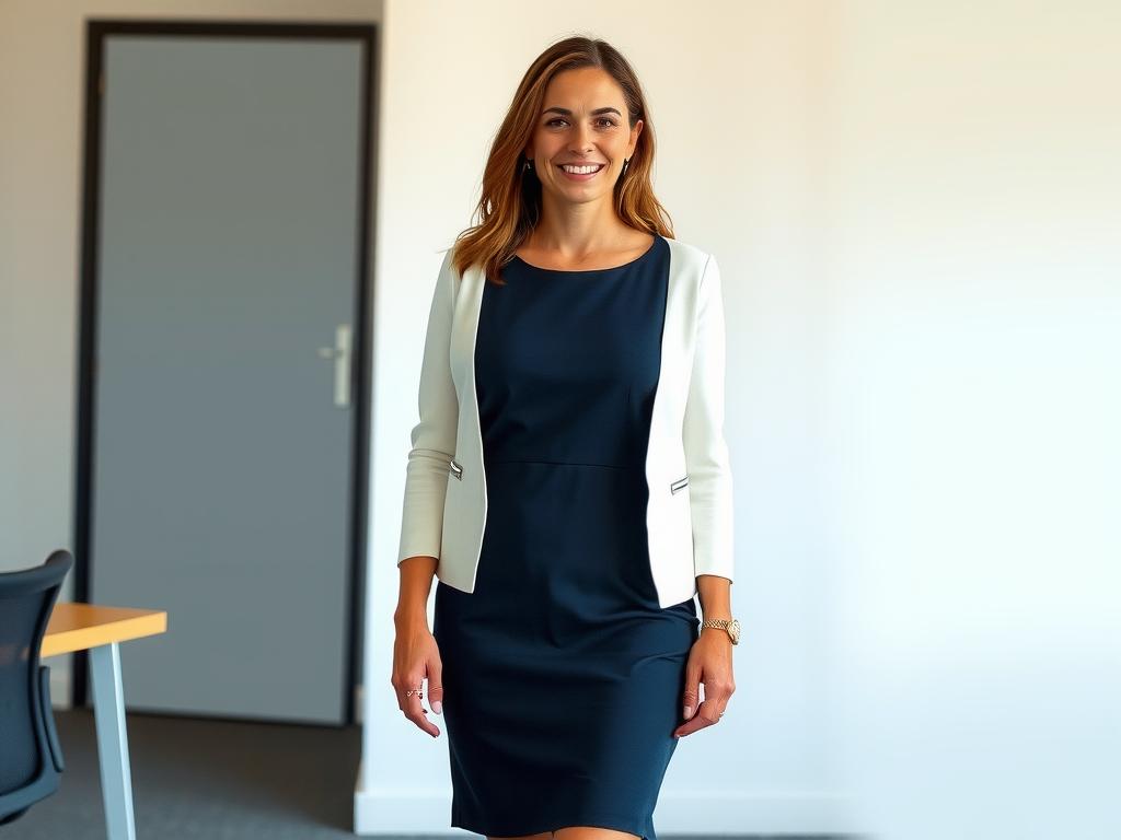 Versatile work ensemble featuring a smart dress and jacket, ideal for a capsule wardrobe.