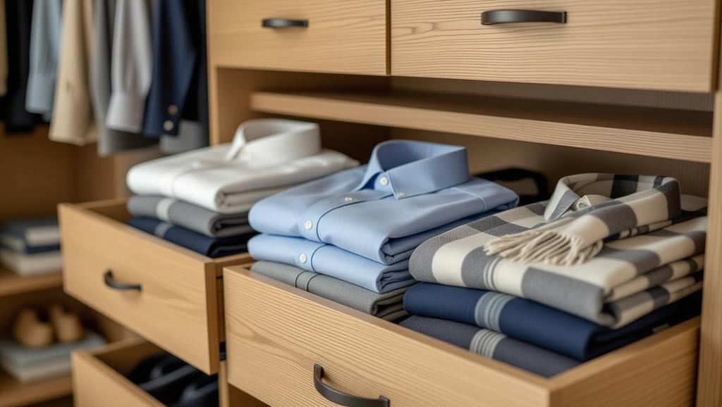 Neatly folded garments and accessories in drawers, offering an effective way to maintain order and achieve stress-free mornings with easy access.