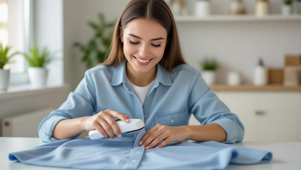 Observe the careful process of using a simple tool to eliminate pilling from everyday clothing, ensuring fabrics regain their original smoothness.