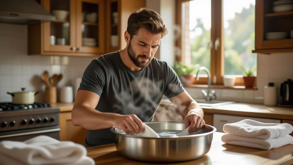 Observe the shirt immersed in hot water as part of the shrinking technique, ensuring even shrinkage for a tailored appearance.