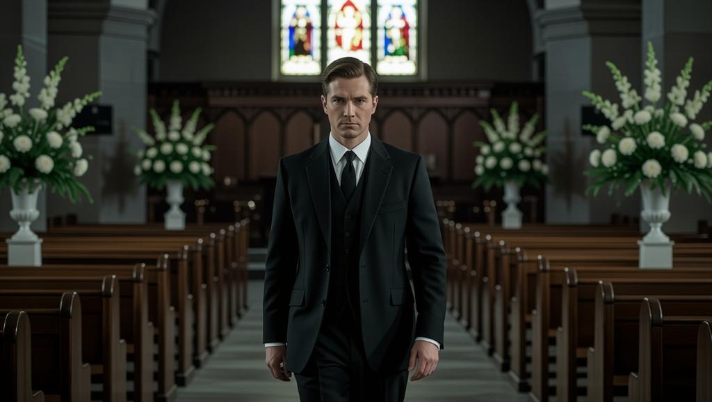 Wearing black during funeral services conveys grief and elegance, fostering a sense of shared remembrance and quiet dignity among attendees.